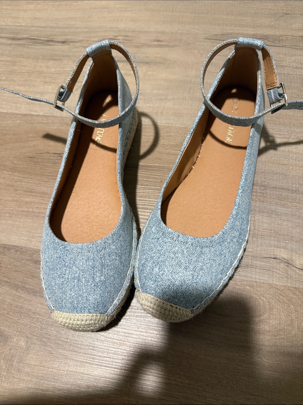 Crown Vintage Light Blue Denim Espadrille Flats with Ankle Strap